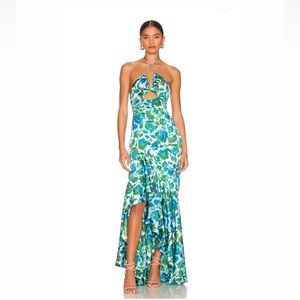 AMUR - Edie High Low Tie Neck Gown in Cerulean Lotus Block Print